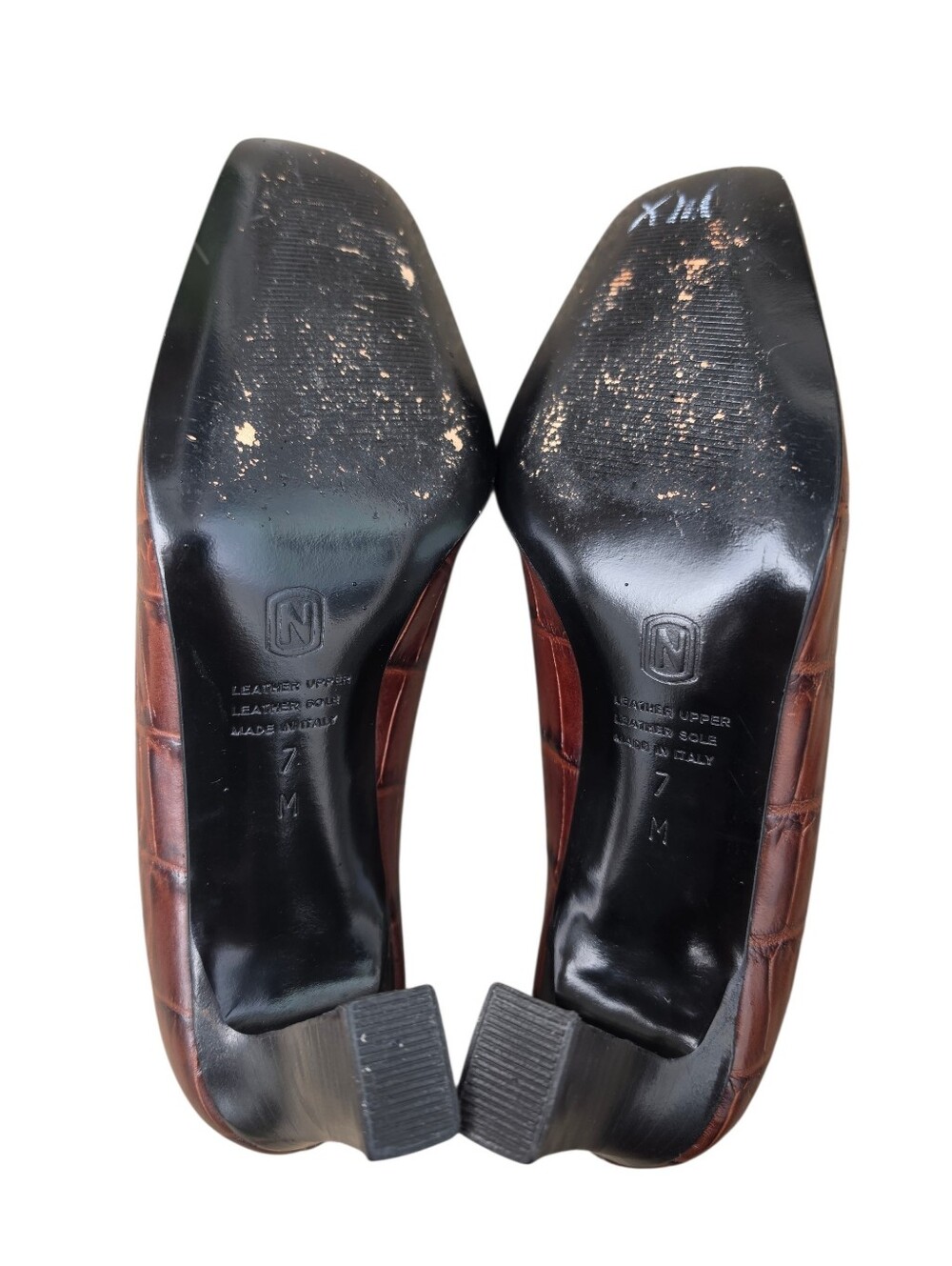 Nordstrom Italian Leather Croc Embossed Square Toe Pumps Brown Size 7M - Picture 5 of 6